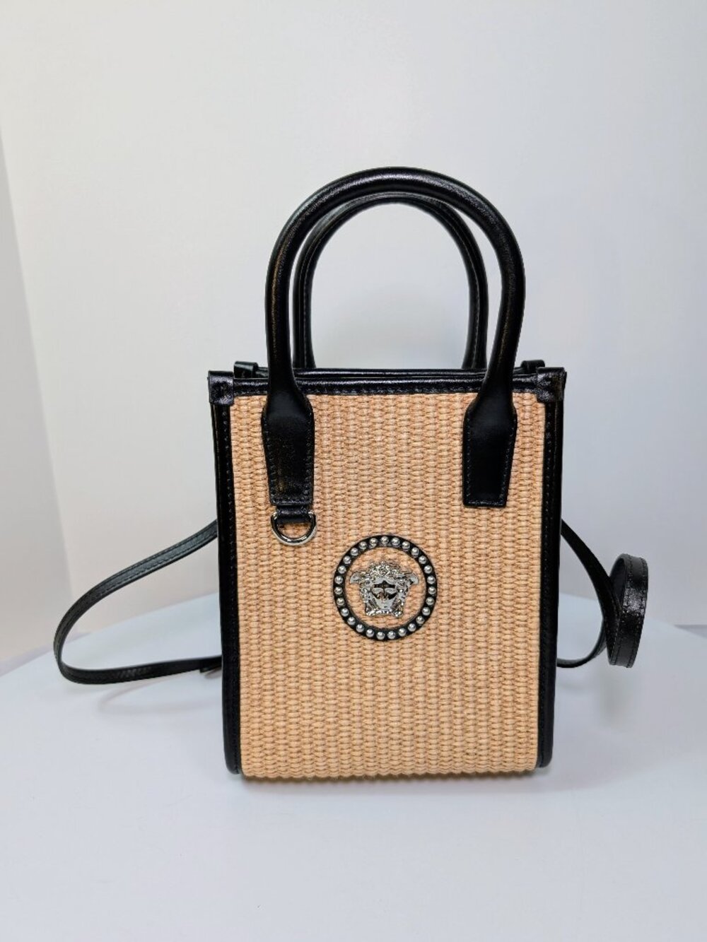 Versace La Medusa Raffia Straw Mini Vertical Tote with Silver Studded Logo